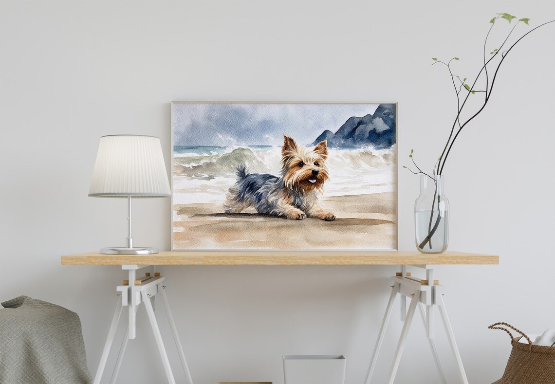 Yorkshire Terrier on Beach, Watercolor Art Print - Image 2