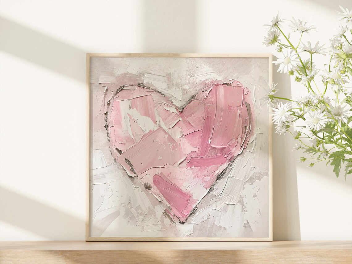 Pink Heart Oil Painting, Tender Neutral Art Print - Image 4