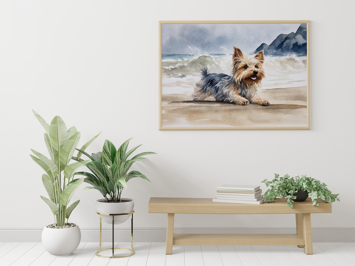 Yorkshire Terrier on Beach, Watercolor Art Print - Image 4