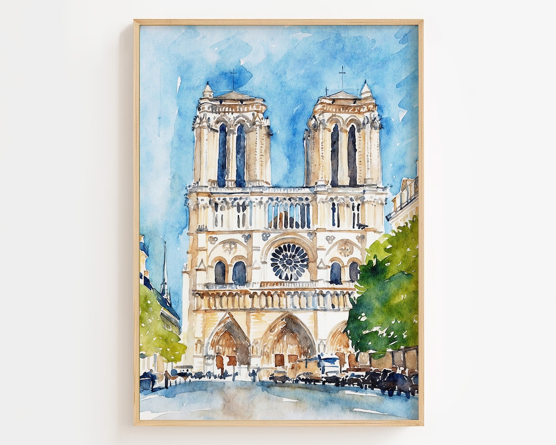Paris Notre Dame Cathedral Watercolor Travel Poster