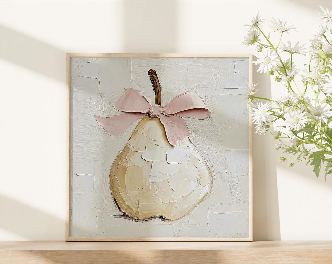 Pear With Pink Bow Oil Painting Cream Coquette Kitchen Wall Art Print - Image 5