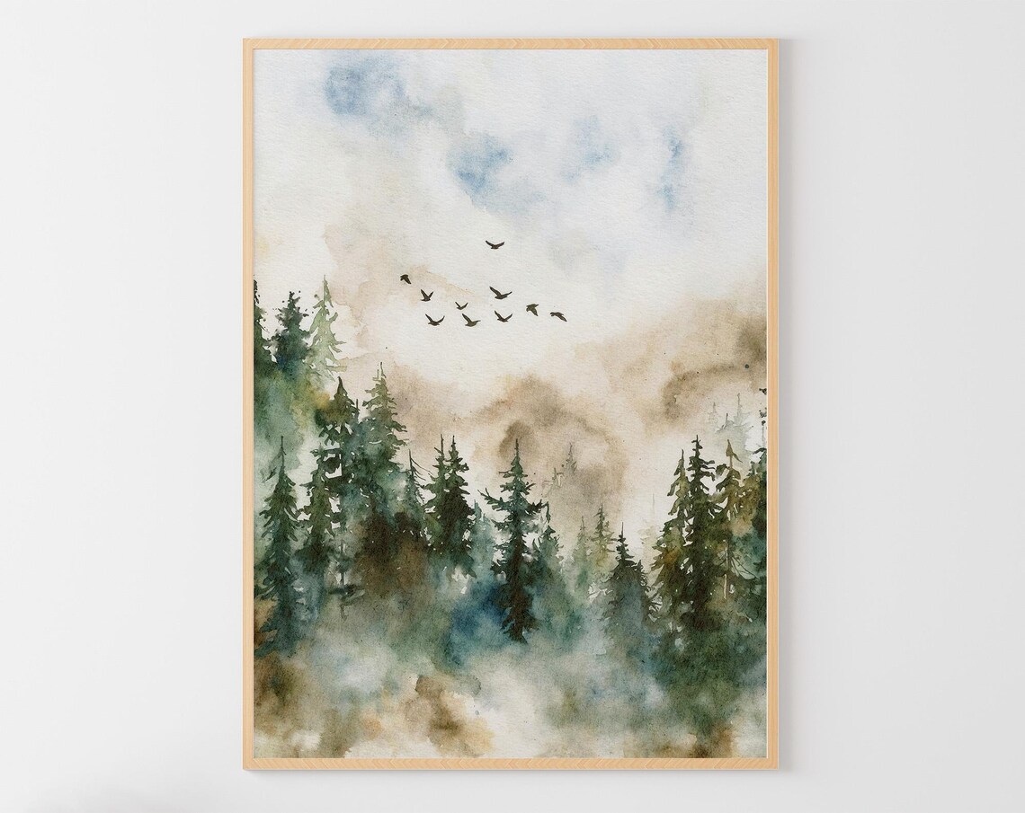 Misty Evergreen Forest Flying Birds Foggy Pine Watercolor Art Poster
