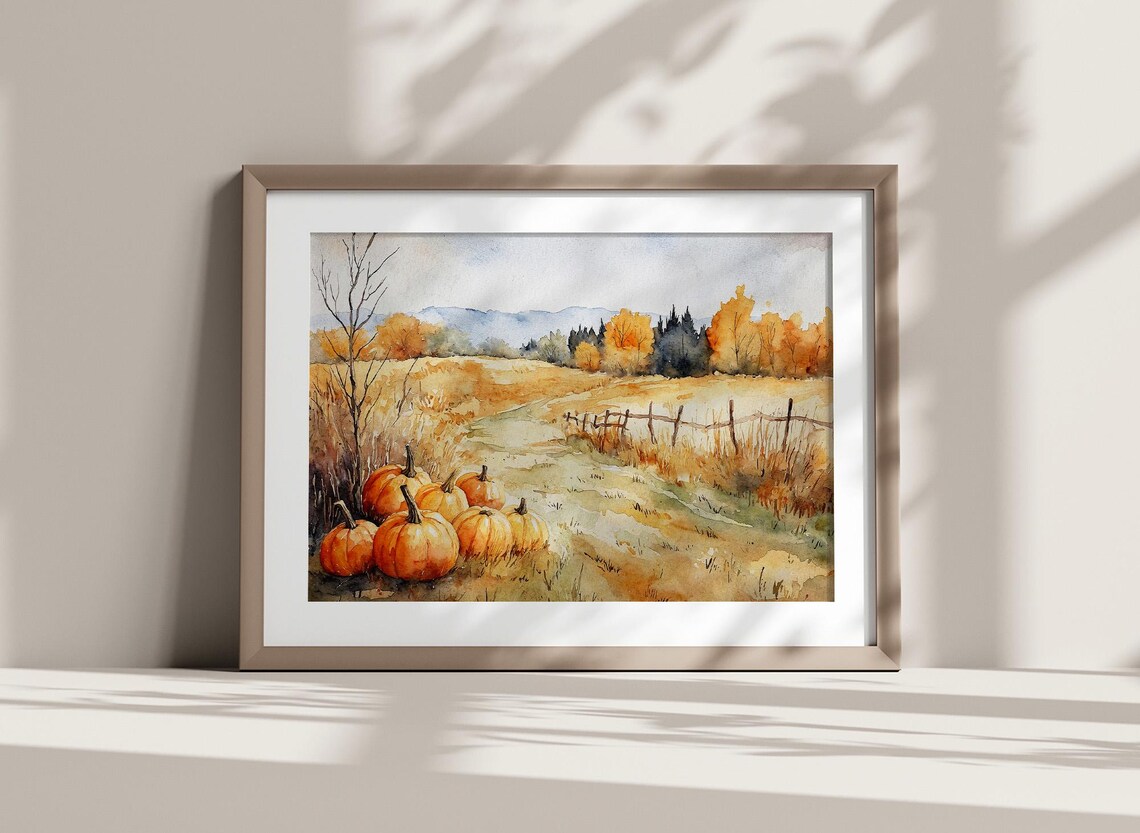 Pumpkin Patch Autumn Farm Field Golden Harvest Watercolor Scene Poster - Image 3