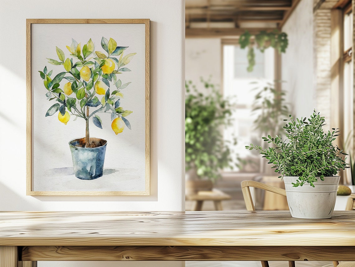Potted Lemon Tree Bright Lemons Kitchen Botanical Watercolor Art Print - Image 4