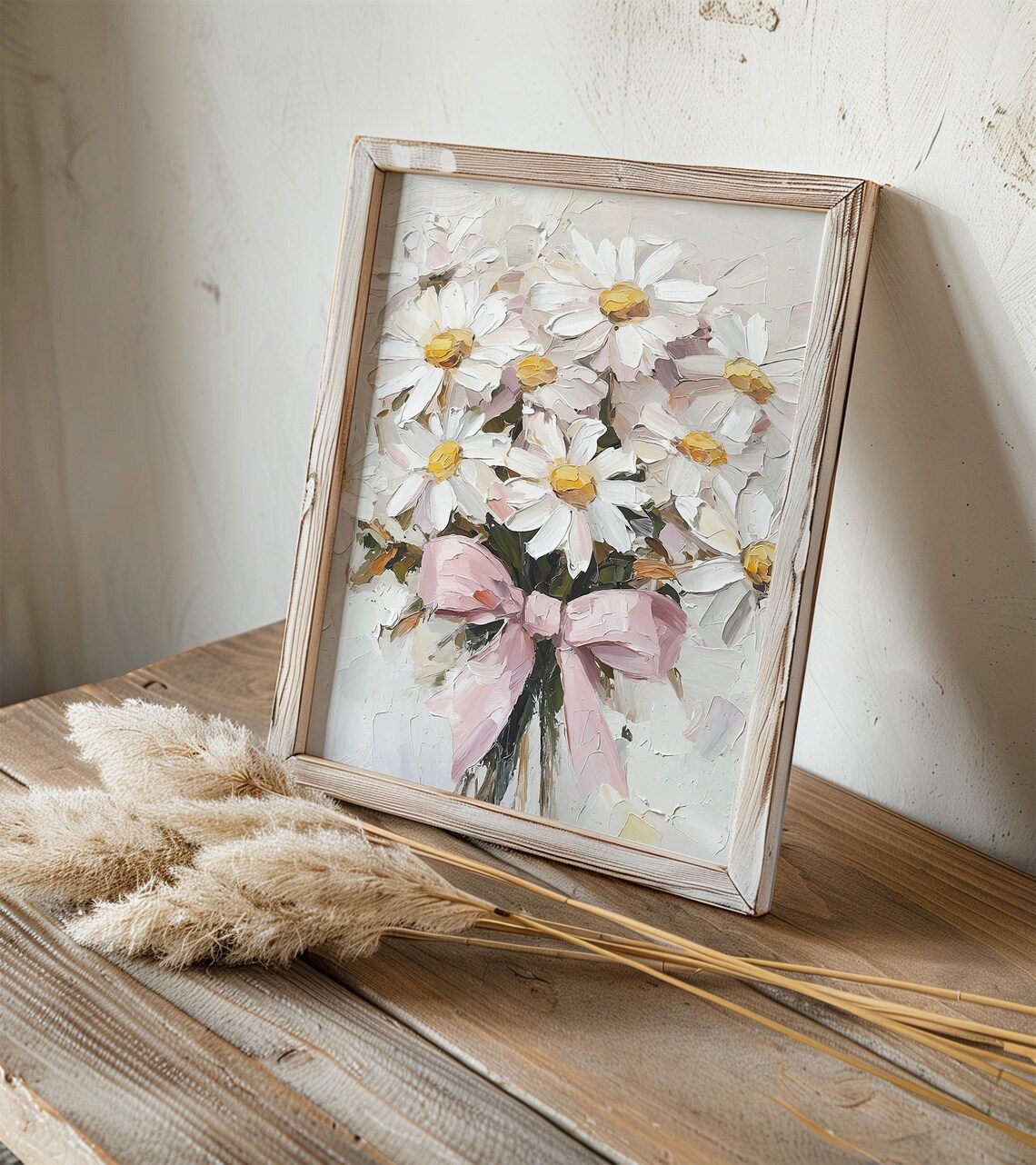 Daisy Oil Print With Pink Bow, Botanical Art Print - Image 3