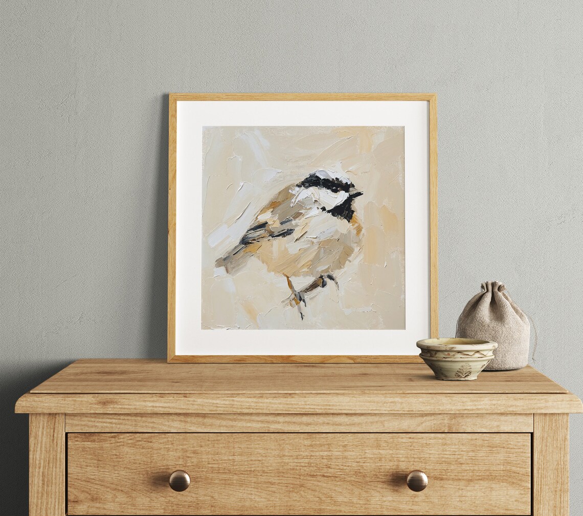 Titmouse Neutral Beige Minimalist Bird Art Print - Image 2