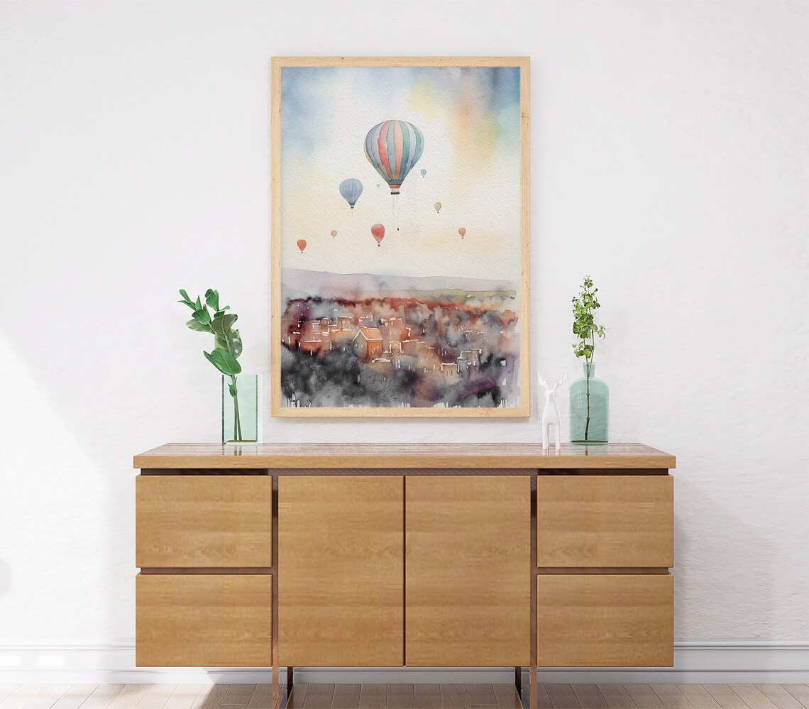 Hot Air Balloon Over Town, Watercolor Travel Poster - Image 4