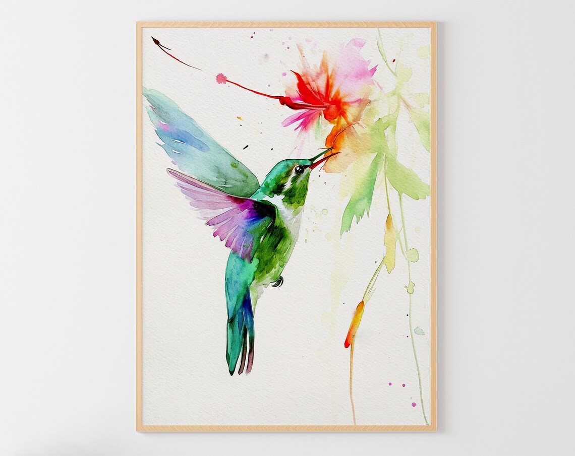 Hummingbird Watercolor Art Print, Tropical Bird