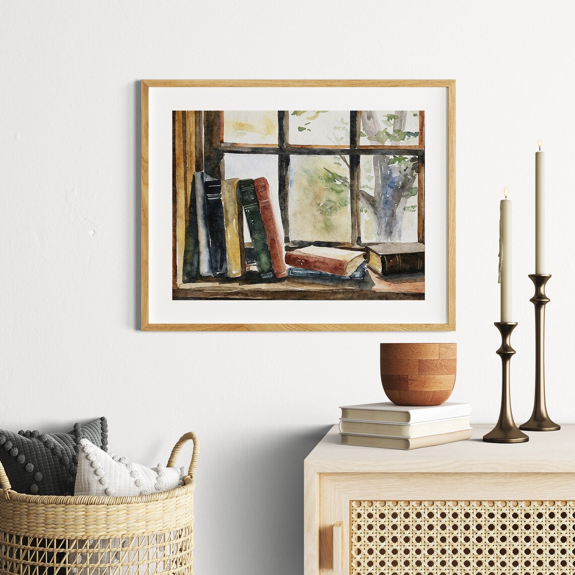 Old Books Watercolor Art Print, Farmhouse Library - Image 4