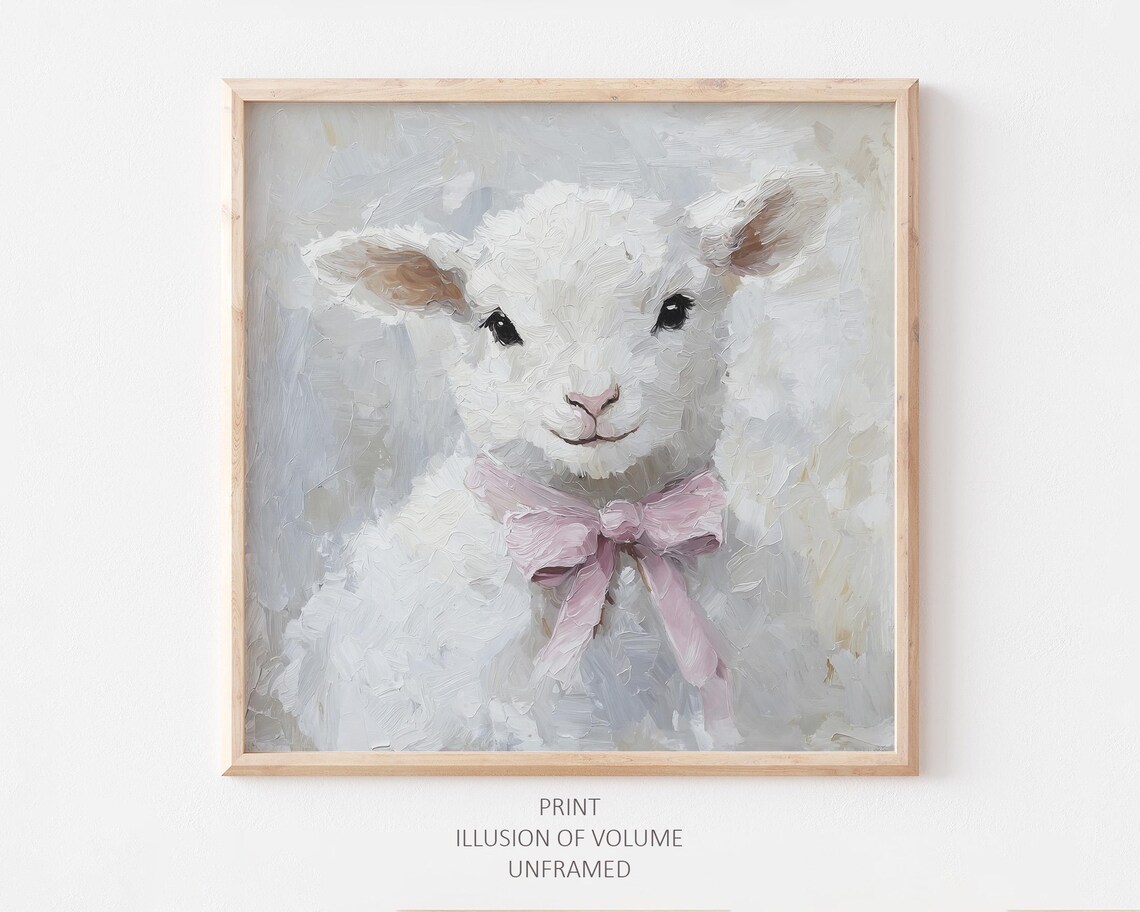 Cute Lamb Oil Painting, Pink Bow Kids Room Art Print