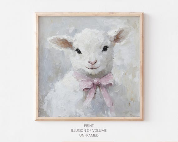 Cute Lamb Oil Painting, Pink Bow Kids Room Art Print