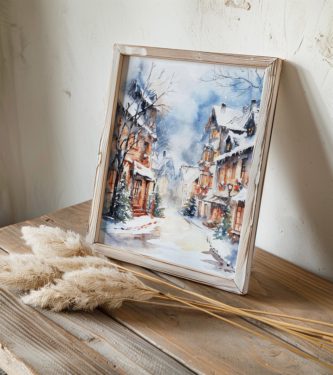 Snowy Christmas Village Street Old Town Winter Watercolor Art Poster - Image 2