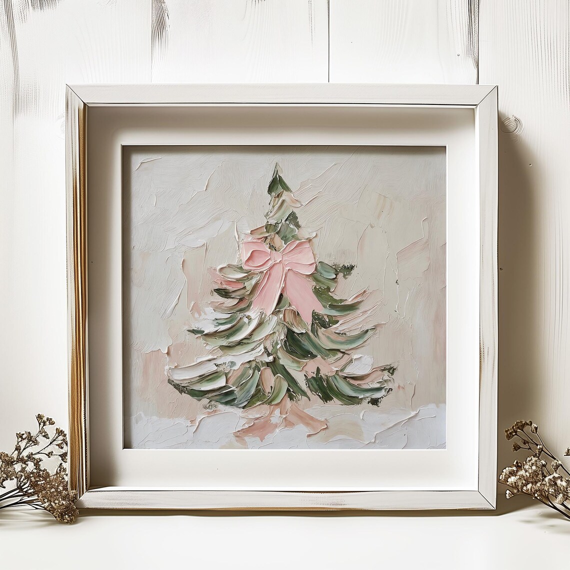 Christmas Tree Oil Print With Pink Bow, Holiday Poster - Image 5