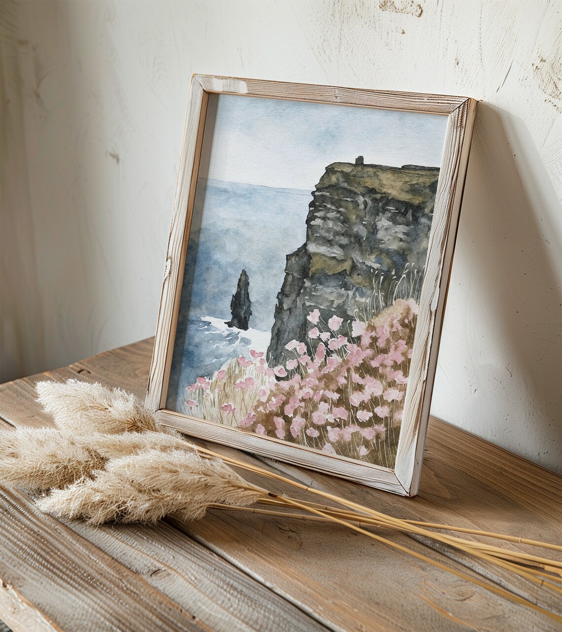 Cliffs Of Moher Sea Stack Pink Wildflowers Watercolor Ireland Art Poster - Image 3