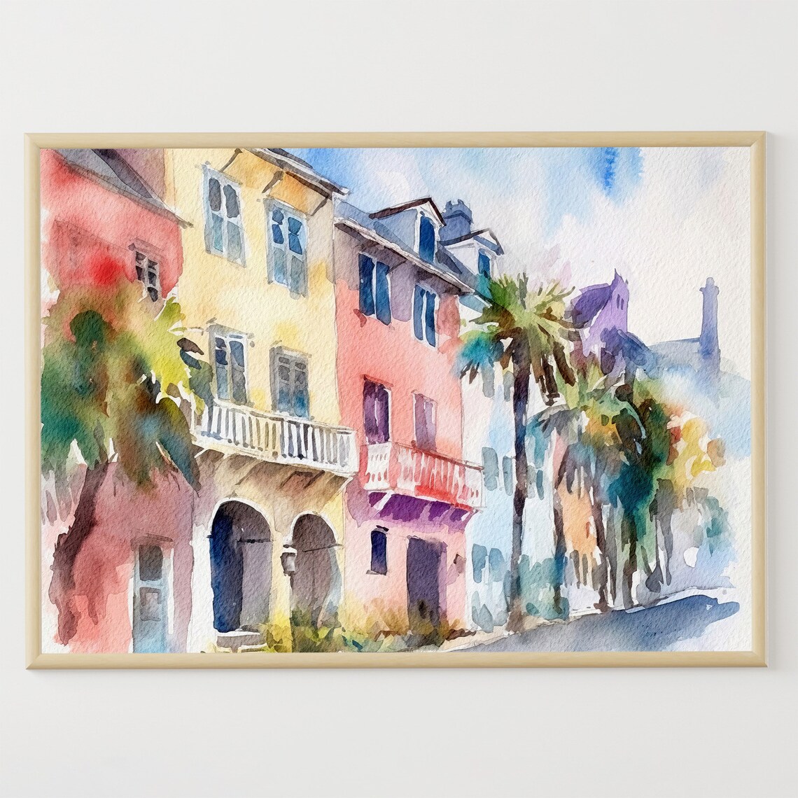Rainbow Row Charleston Cityscape, Watercolor Art Print