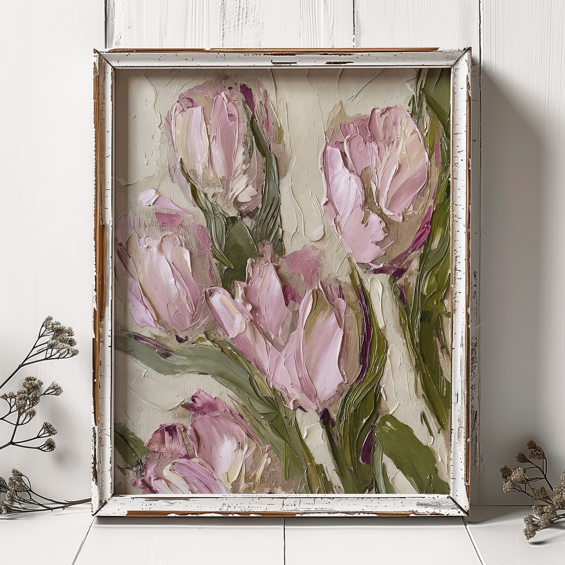 Pink Tulips Oil Painting, Neutral Farmhouse Art Print - Image 5
