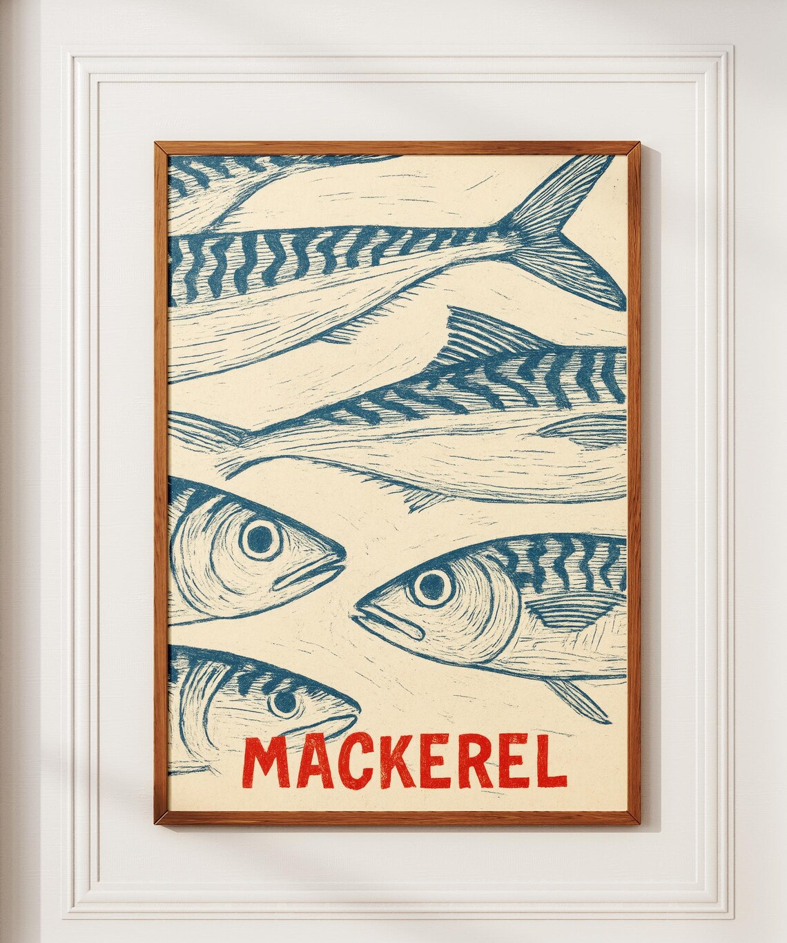 Blue Mackerel Fish Linocut Red Lettering Vintage Kitchen Wall Art