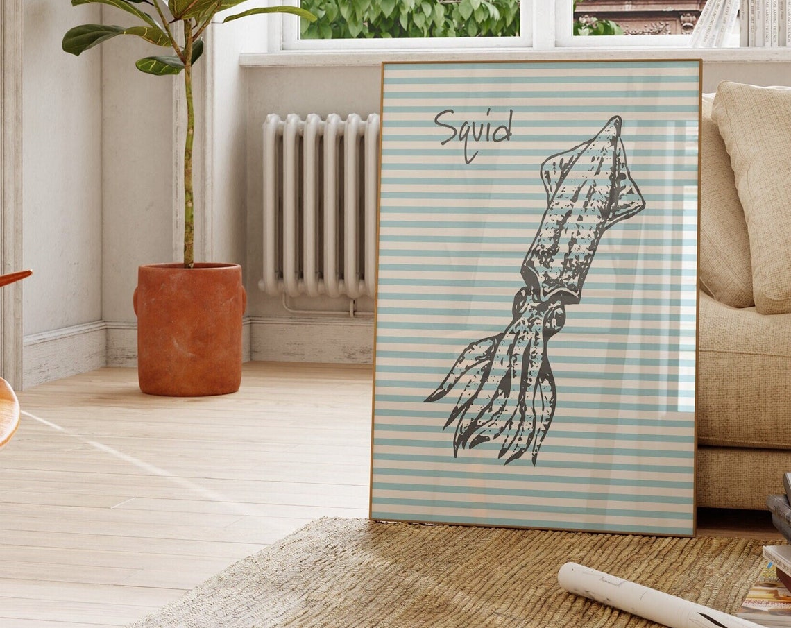 Squid Black Ink Illustration on Blue Striped Coastal Kitchen Poster - Image 3