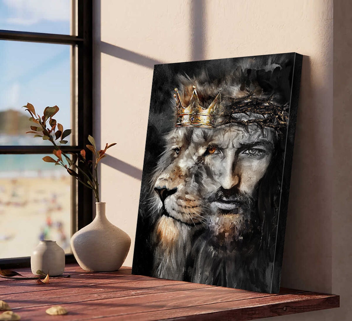 Amazing Lion Of Judad Lion And Jesus Art Painting God Wall Art Home Decor Gift For Christian Family Jesus Painting Praying Jesus - Image 4