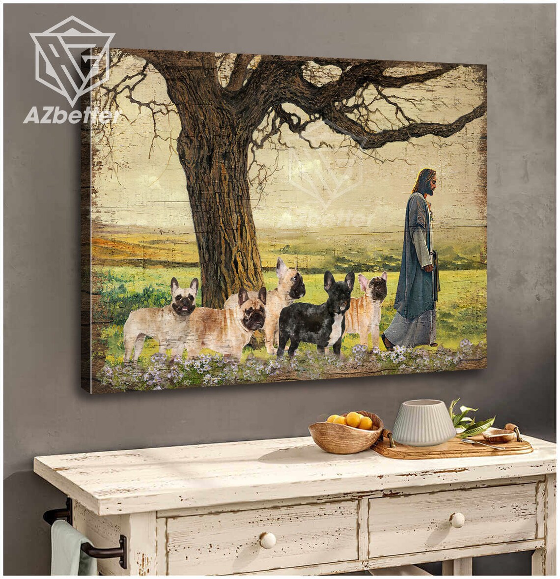 Jesus Walking with Five French Bulldogs Across a Sunny Meadow Poster - Image 5