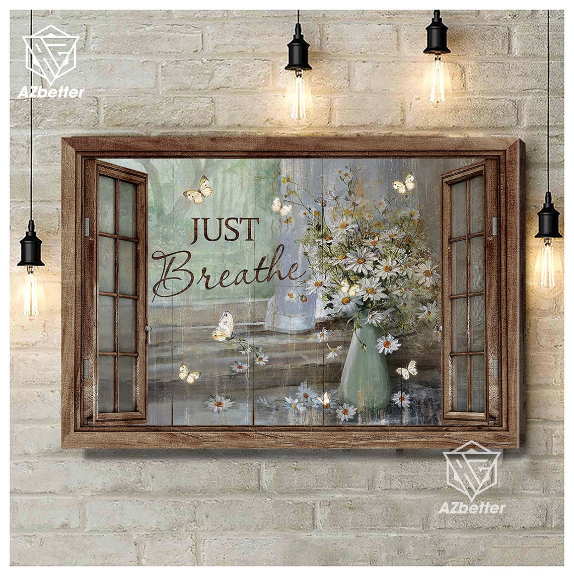 Just Breathe Open Window Daisies Butterfly Farmhouse Vintage Poster - Image 5