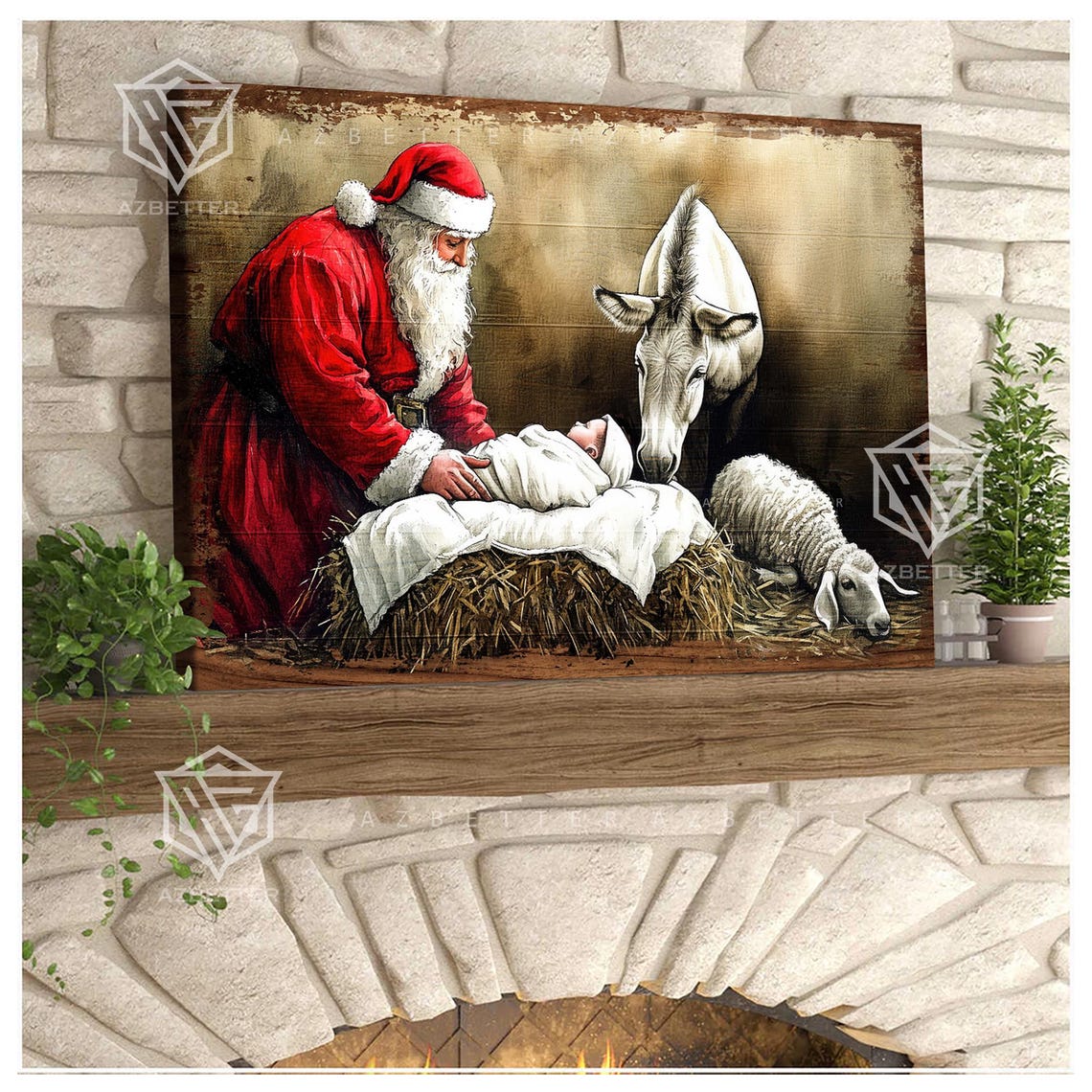 Santa With Swaddled Baby Jesus Donkey and Lamb Stable Scene Poster - Image 2
