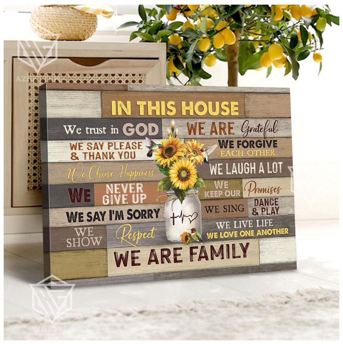 In This House We Trust In God Sunflower Family Rules Wooden Poster - Image 5