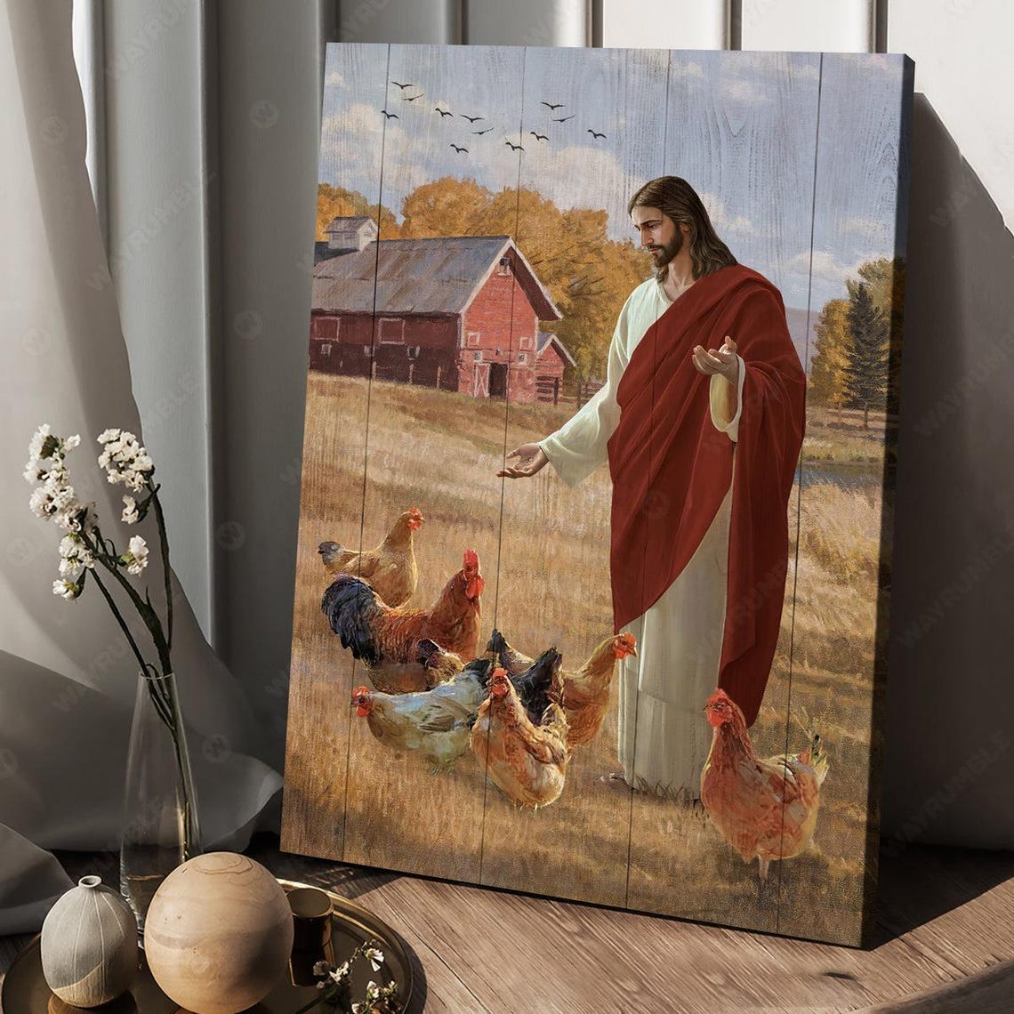 Jesus Walking Among Chickens at a Country Barn Painting Poster - Image 2