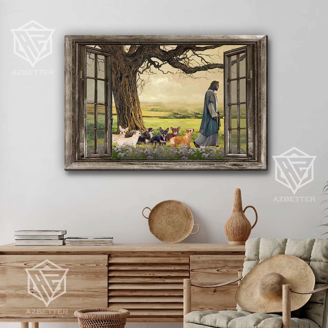 Jesus Walking with Five Chihuahuas in a Rustic Window Frame Scene Poster - Image 4