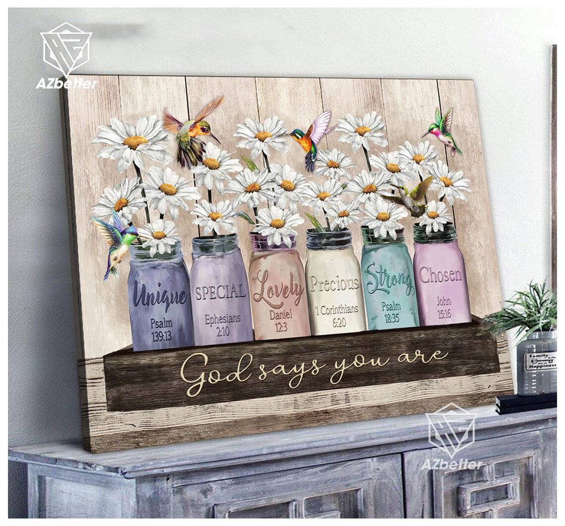 God Says You Are Unique Mason Jar Daisies Hummingbirds Faith Poster
