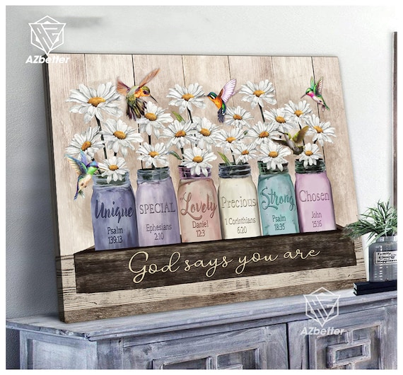 God Says You Are Unique Mason Jar Daisies Hummingbirds Faith Poster