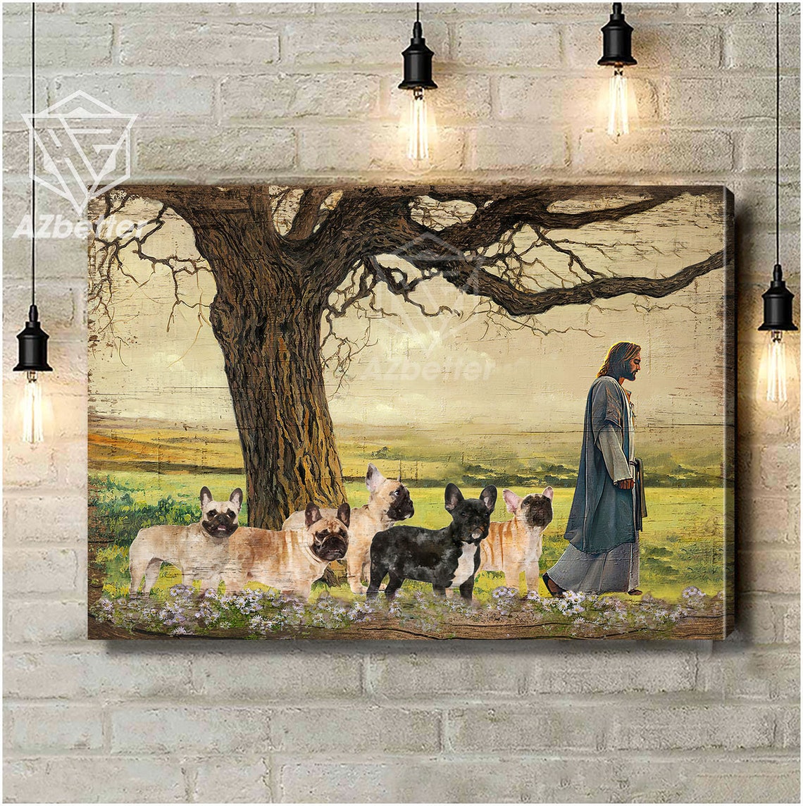 Jesus Walking with Five French Bulldogs Across a Sunny Meadow Poster