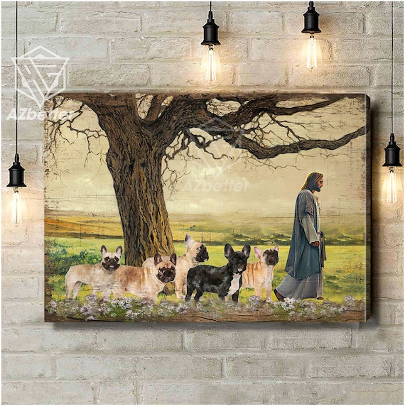Jesus Walking with Five French Bulldogs Across a Sunny Meadow Poster