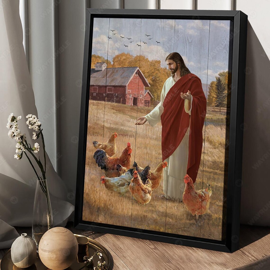 Jesus Walking Among Chickens at a Country Barn Painting Poster