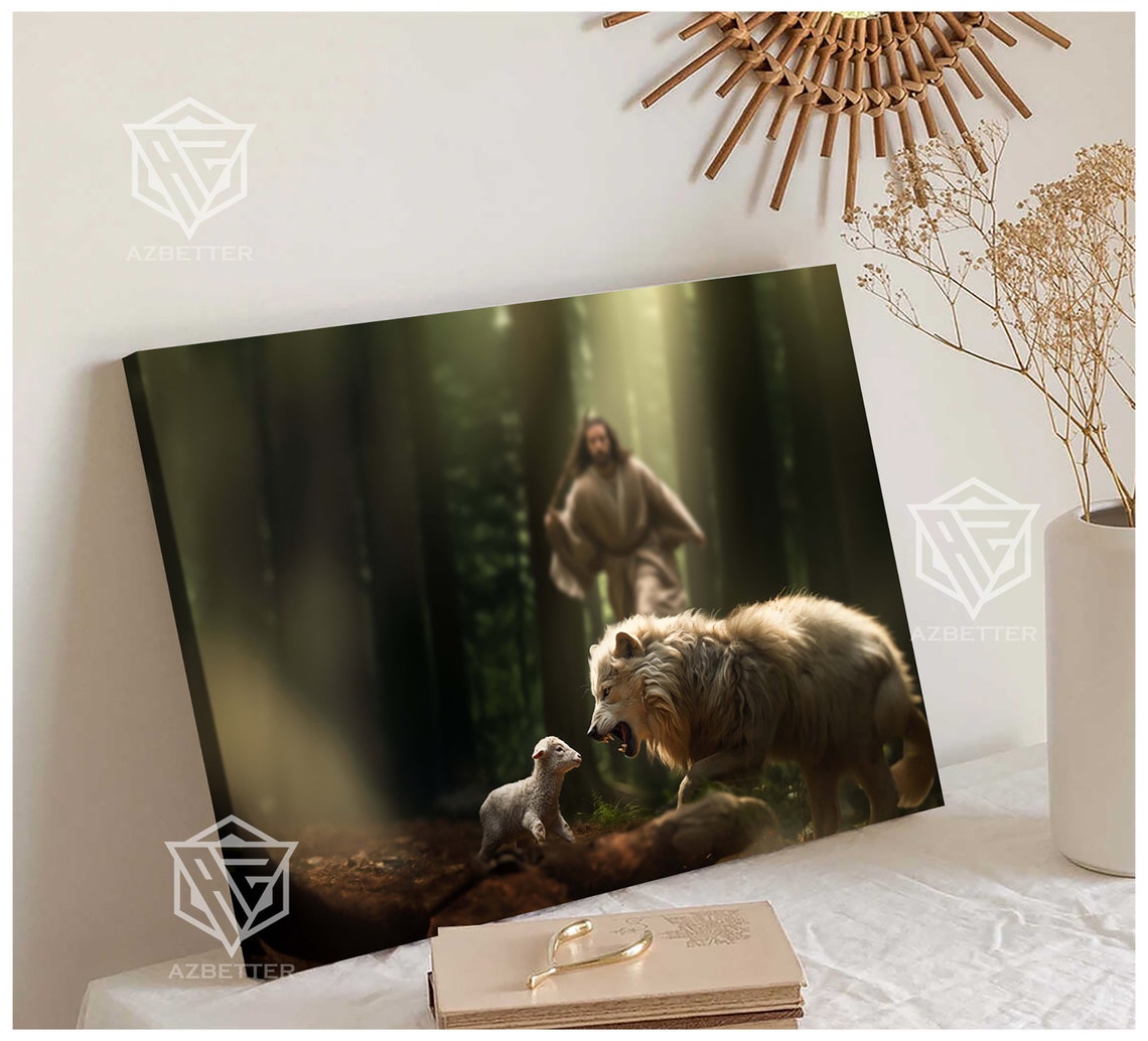 Lion And Lamb Jesus Good Shepherd Forest Protection Christian Poster - Image 3