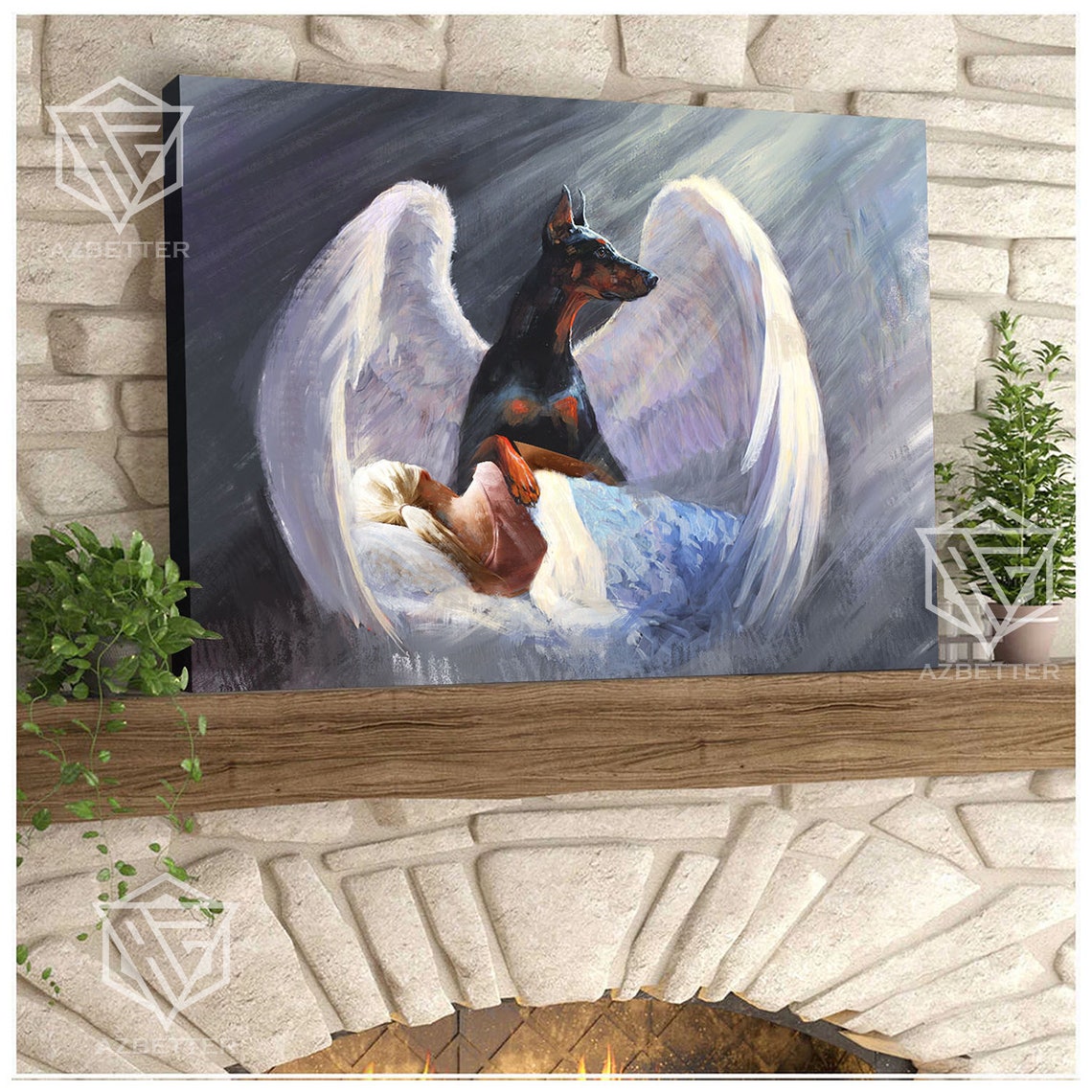 Doberman Angel Wings Guardian Watching Over Sleeping Woman Poster - Image 3