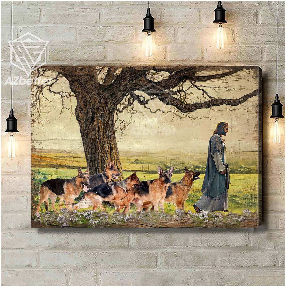 Jesus Walking with Five German Shepherds Across a Sunny Meadow Poster
