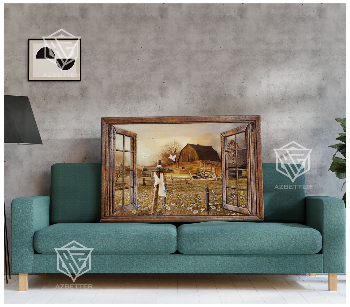 Rustic Window View Of Old Barn Cross And Wildflower Meadow Poster - Image 2