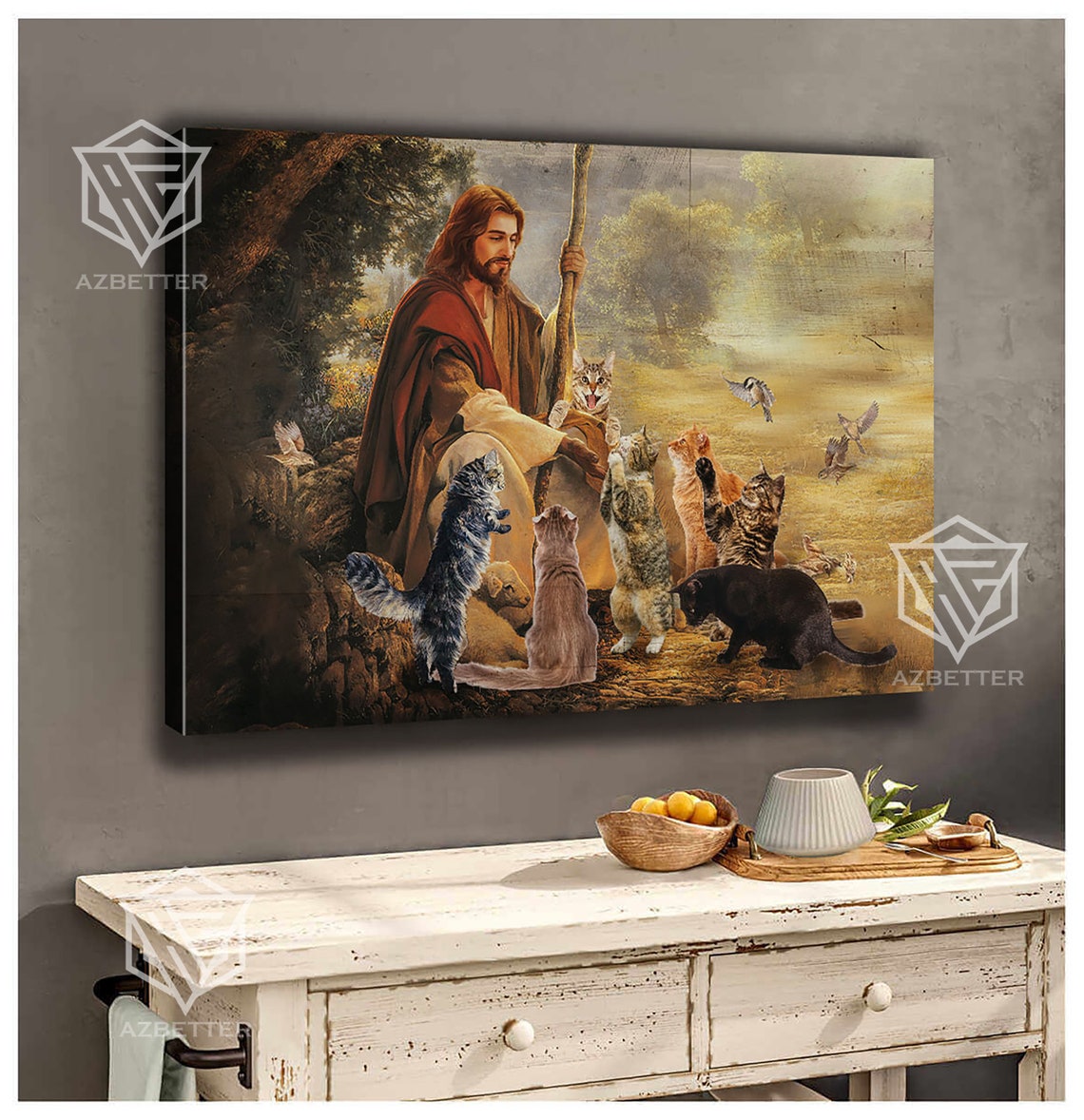 Jesus With Shepherd Staff Surrounded By Many Cats Christian Poster - Image 3
