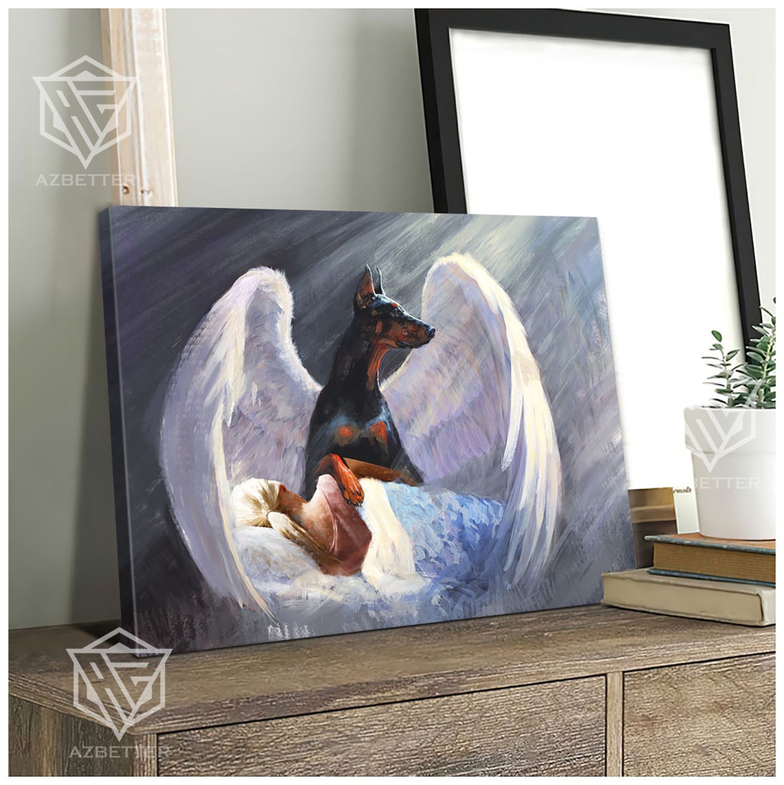 Doberman Angel Wings Guardian Watching Over Sleeping Woman Poster