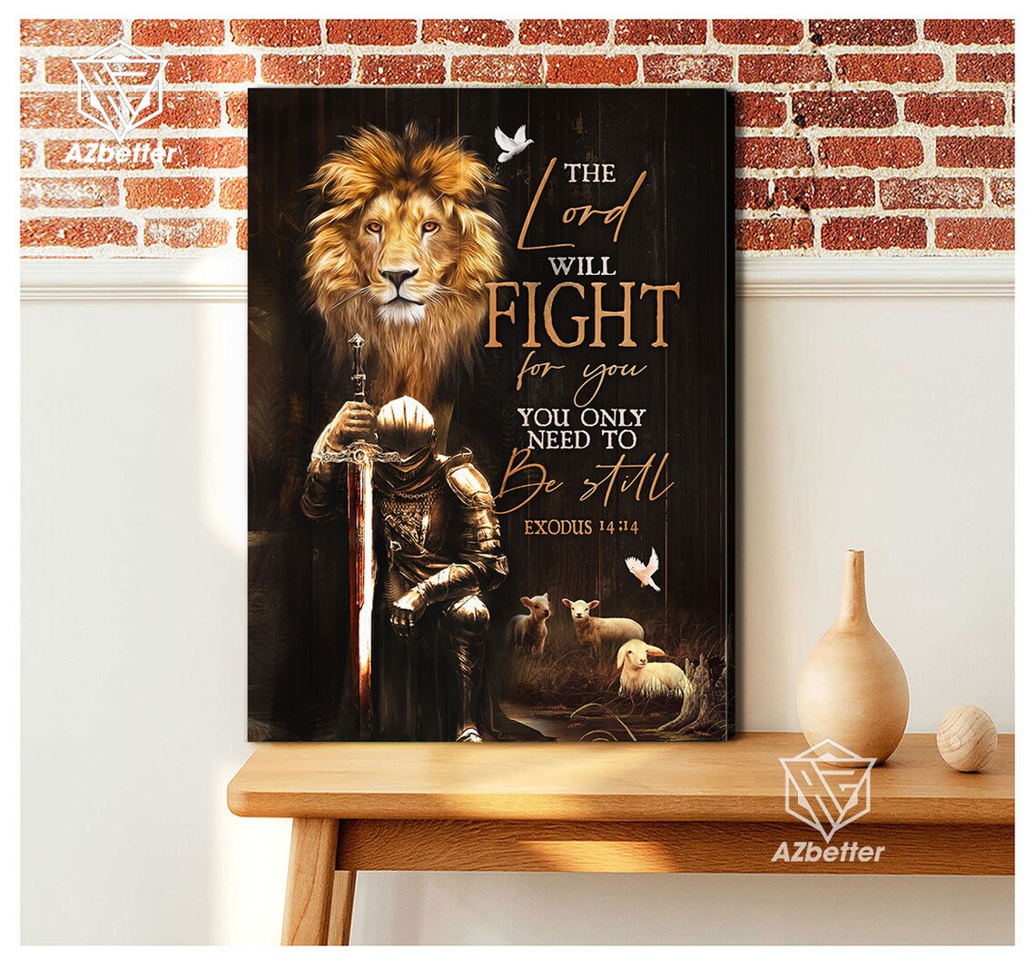 The Lord Will Fight for You Exodus 14:14 Lion Knight Lambs Poster - Image 4