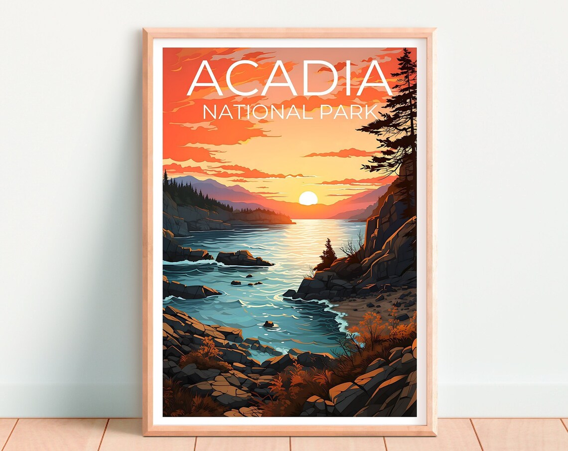 Acadia National Park Maine Rocky Coast Sunset Ocean View Travel Poster - Image 4