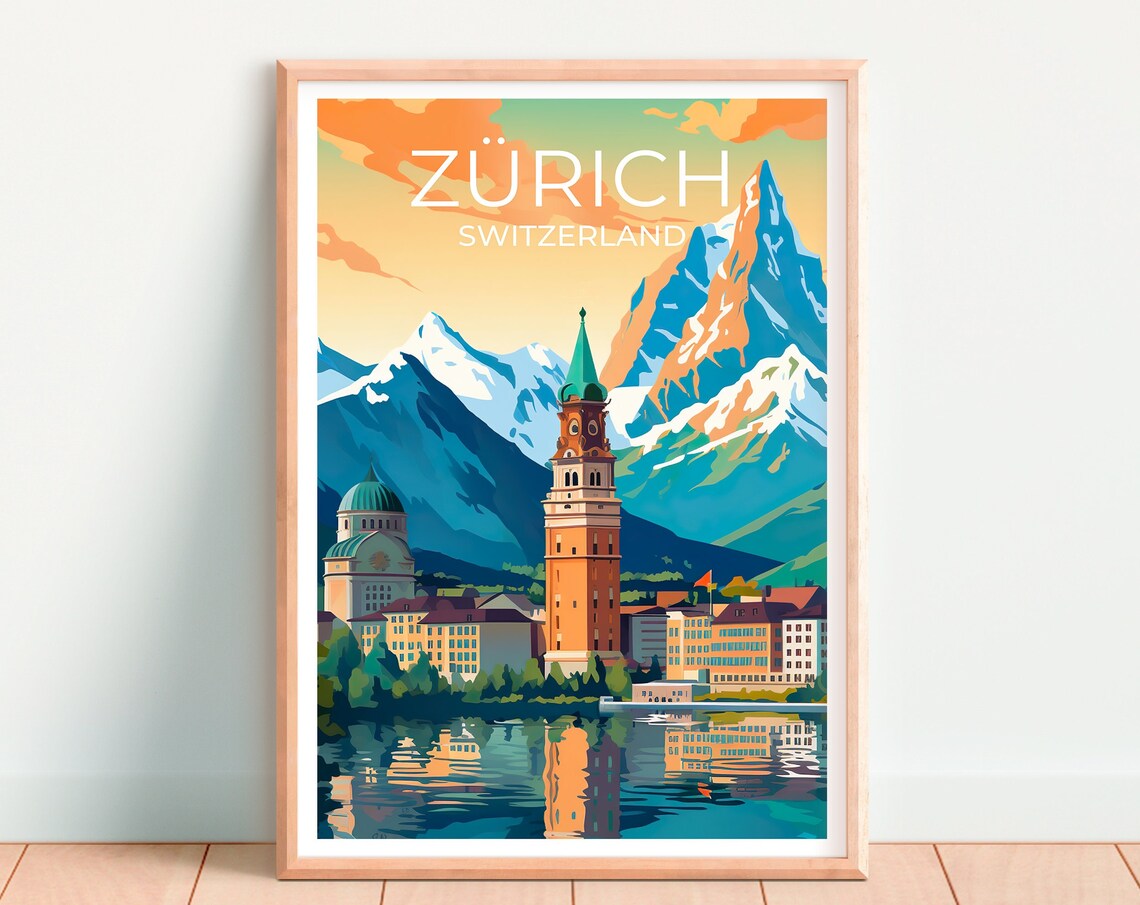 Zurich Switzerland Old Town Clock Tower Lake Snowy Alps Sunset Poster - Image 4