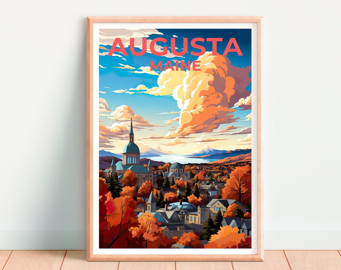 Augusta Maine Autumn Cityscape Domed Church Fall Foliage Travel Poster - Image 4