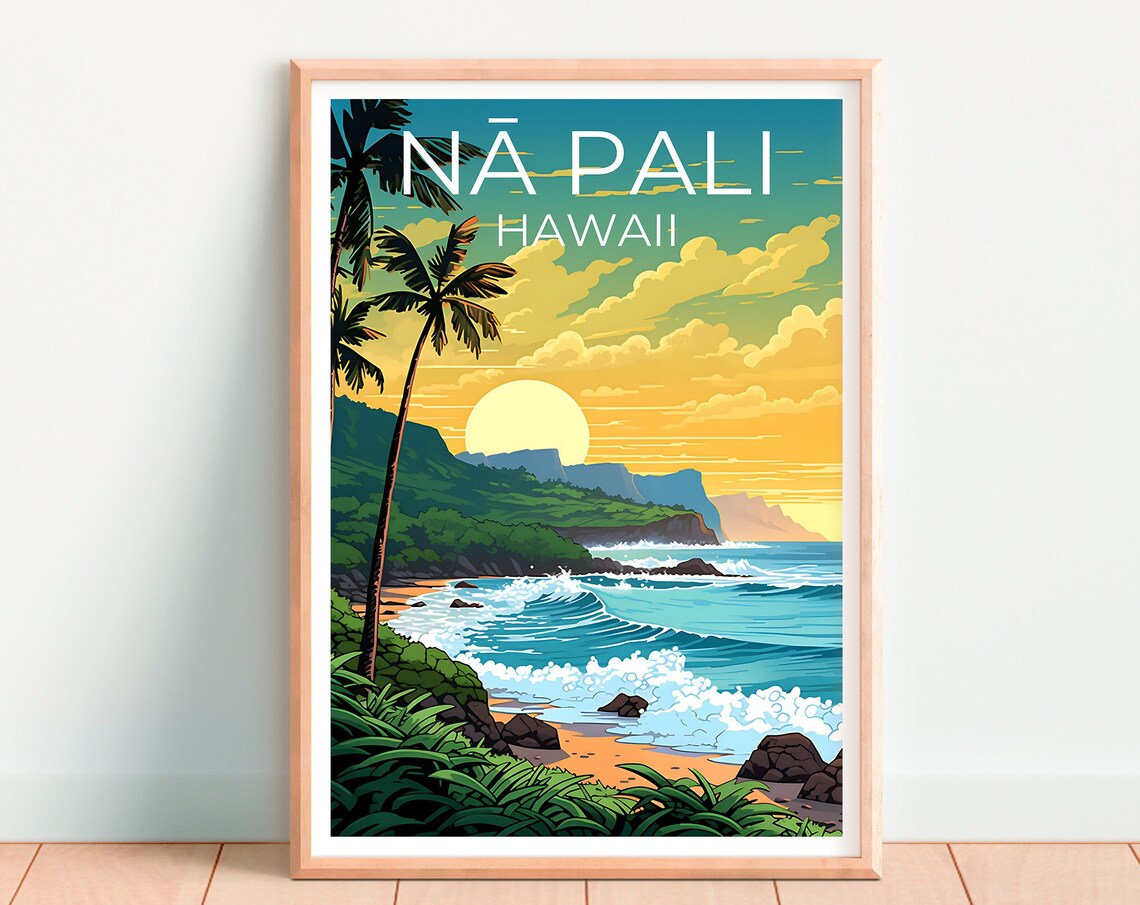 Na Pali Hawaii Coastal Cliffs Palm Trees Sunset Waves Travel Poster - Image 4