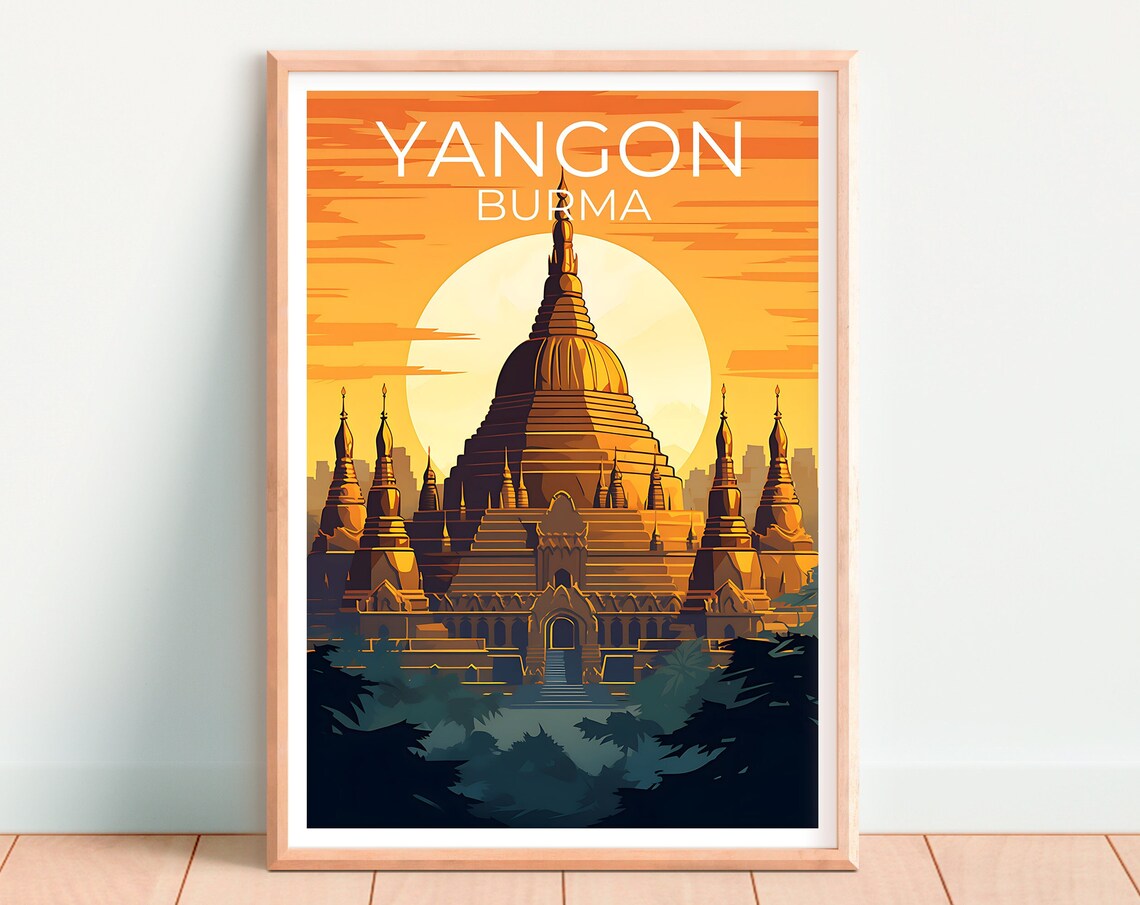 Yangon Travel Poster, Shwedagon Pagoda City Art Print - Image 4