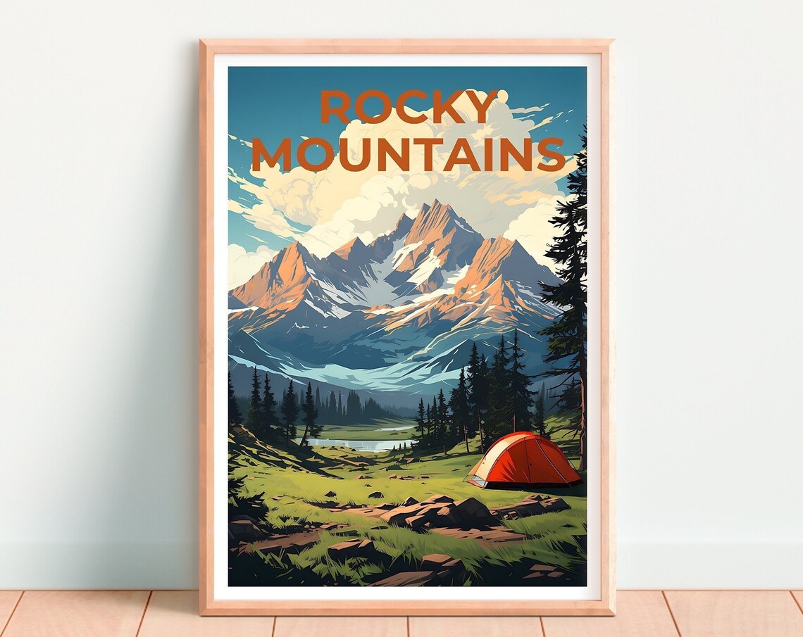 Rocky Mountains Camping Tent Alpine Peaks Meadow Vintage Travel Poster - Image 4