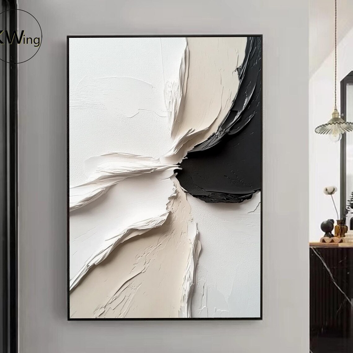 White Beige Black Abstract Brushstroke 3D Texture Painting Art Poster