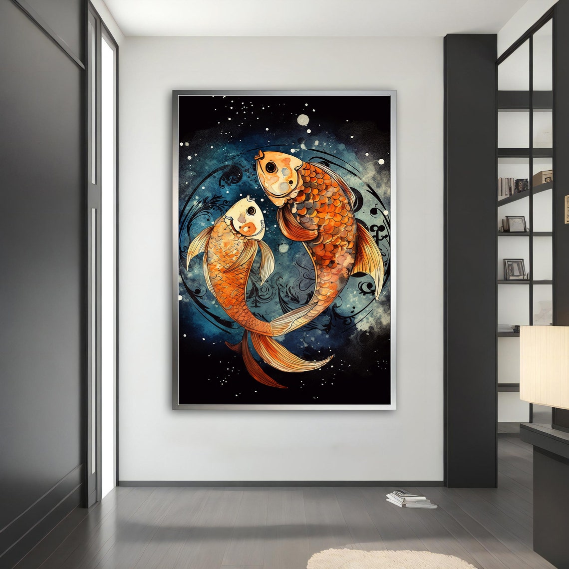 Two Orange Koi Fish Yin Yang Dark Teal Water Animal Art Poster - Image 4