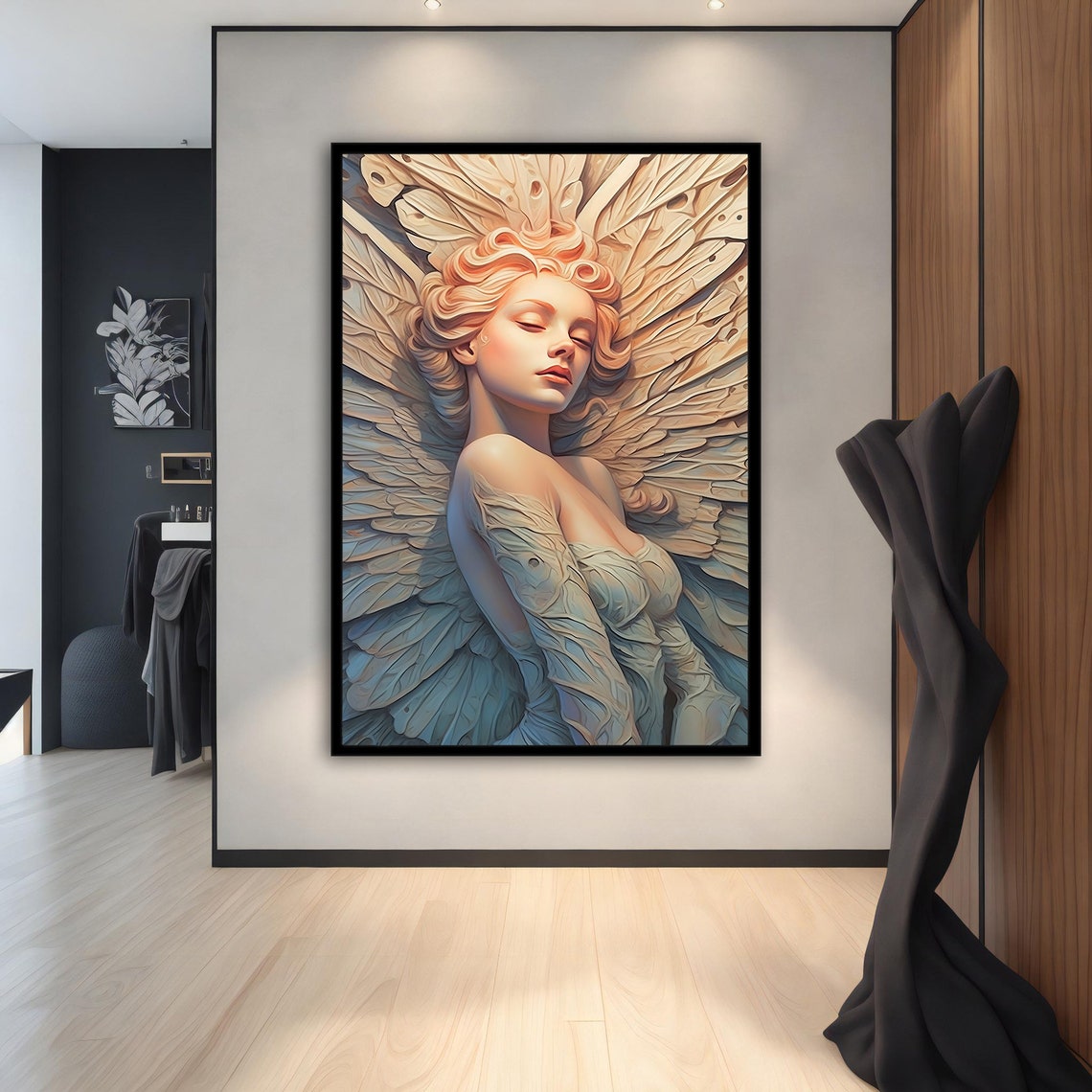 Serene Angel Woman Giant Feather Wings Cream Blue Wall Art Print - Image 3